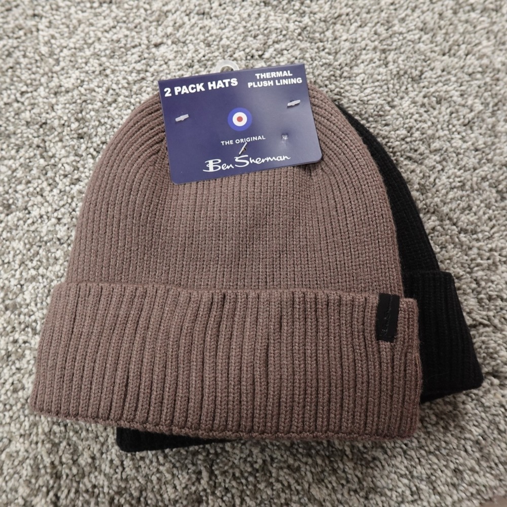 NEW Ben Sherman Hat Beanie Cap Mens One Size Black Brown Lined Rib Knit 2 Pack